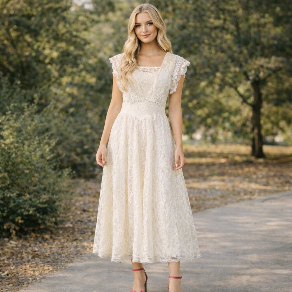Gunne Sax Jessica McClintock Vintage Lace Dress Ivory Cottagecore Prom Size 7